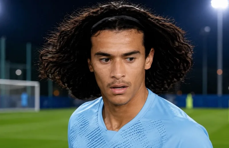 Ayyoub Bouaddi in Lille kit, with Manchester City and Lille crests in background.