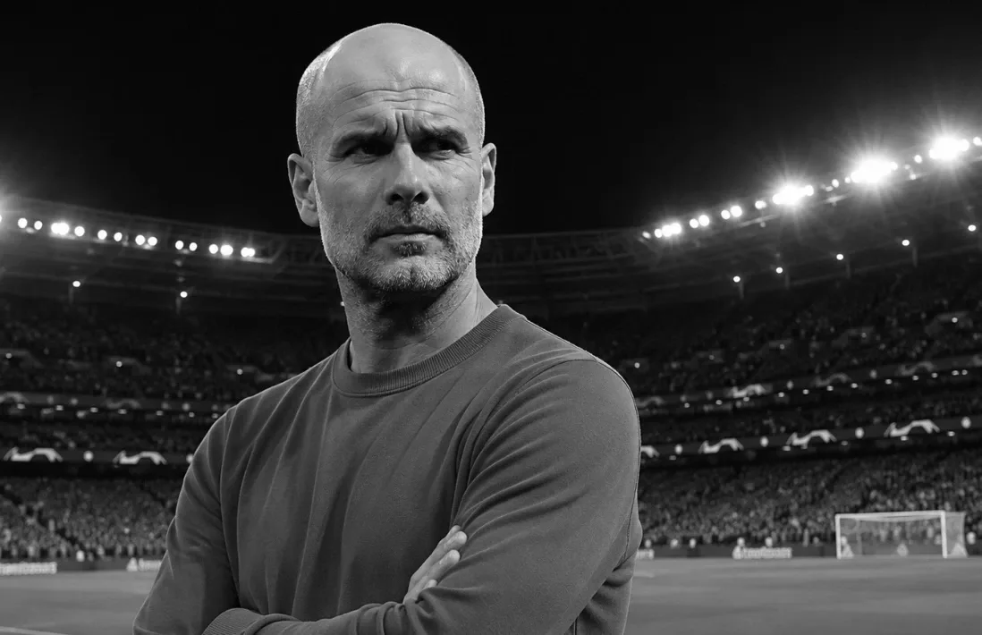 Pep Guardiola during his final season as Manchester City manager, with the Etihad Stadium behind him