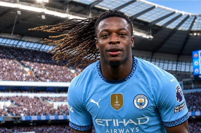 Abdukodir Khusanov and Jeremy Doku in Manchester City kits, with both players set to sign new contracts until 2031.
