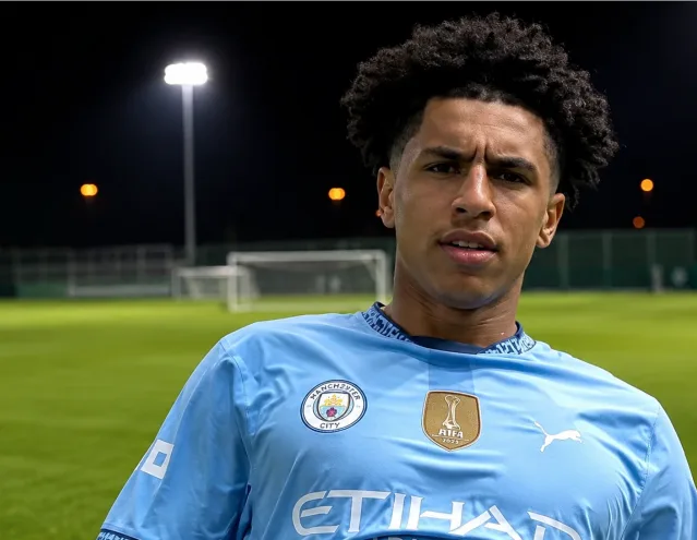 Rico Lewis in Manchester City training kit looking focused during a pre-season session