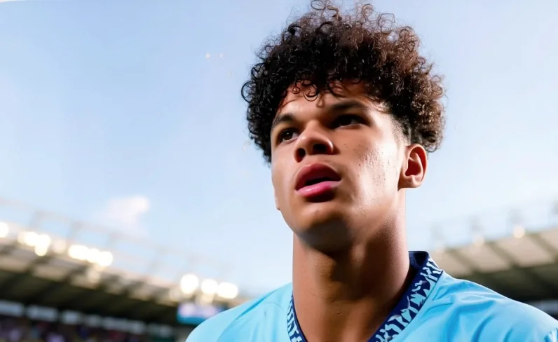 Nico O'Reilly in Manchester City kit, looking ahead to a possible midfield role under new manager Enzo Maresca.