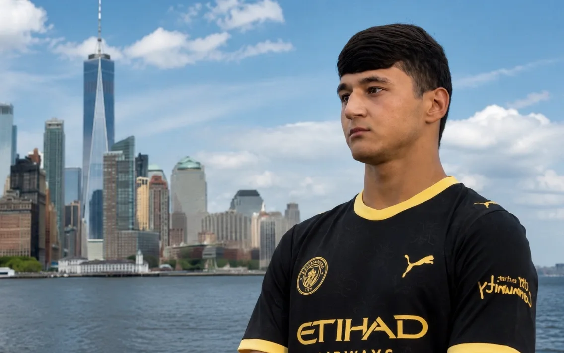 Phil Foden and Abdukodir Khusanov hold up Manchester City's new 2026/27 away kit at a fan event in Hong Kong.